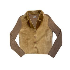 Vintage Y2K Faux Fur Collar Lined Suede Knit Cardigan Button Sweater L